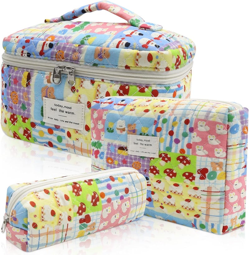 Gosect 3pc Makeup Bag Set, Quilted Makeup Bag Set, Large Floral Cosmetic Bag for Women, Cute Cotton Makeup Bags, Flower Travel Toiletry Organizer Bag (Cartoon Park Print) - Image 1